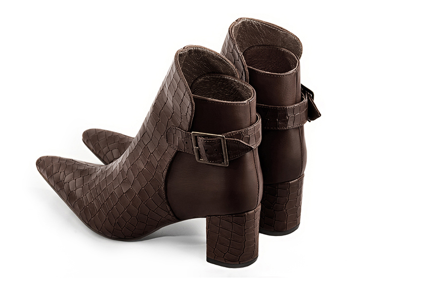 Dark brown women's ankle boots with buckles at the back. Tapered toe. Medium block heels. Rear view - Florence KOOIJMAN